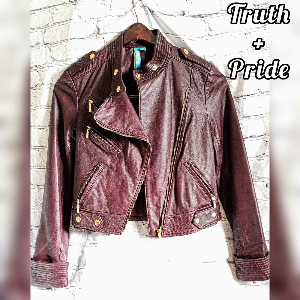 Truth & Pride Burgandy Brown Biker Moto Leather Jacket. S.$690